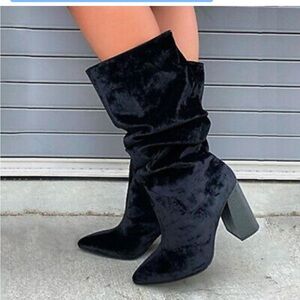 Shoe Republic LA Velvet Mid-Calf Boots Party Block Heels Fashion Pointed Toe